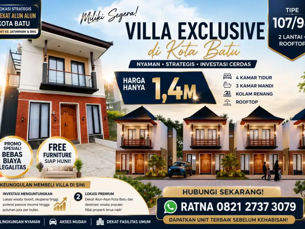 Investasi Villa Batu Dekat Alun-Alun | 4 KT, Rooftop & Kolam Renang Pribadi