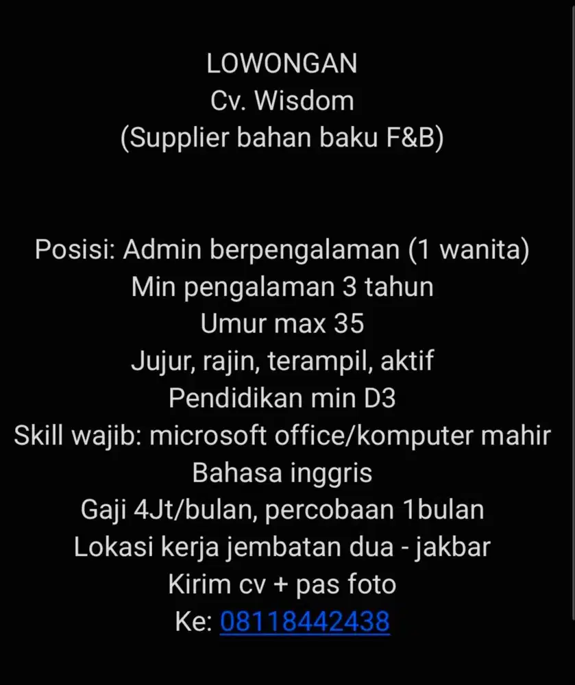 Admin berpengalaman 3 Tahun ( wanita )