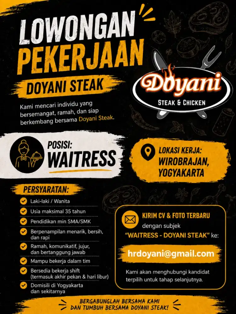 Lowongan Kerja Waitress | Doyani Steak | Wirobrajan Yogyakarta
