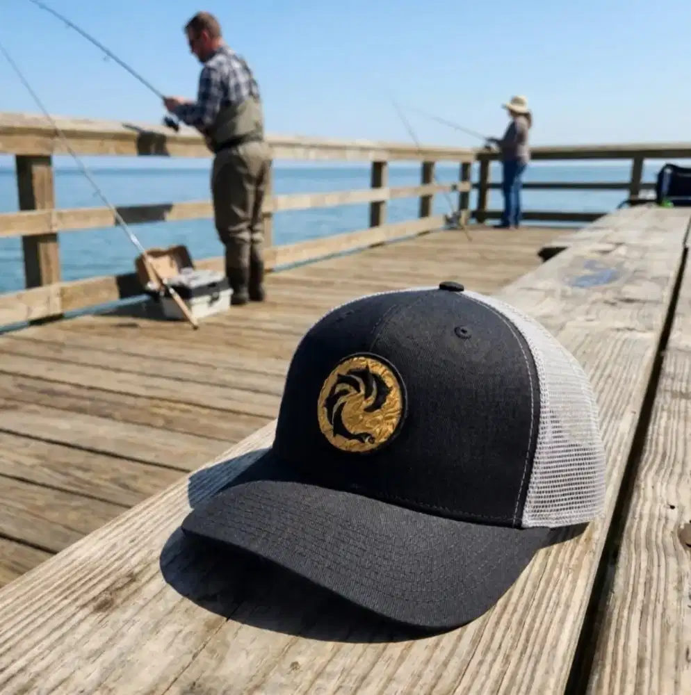 Topi Trucker Unik Logo Ikan Kayu Patch Original Second