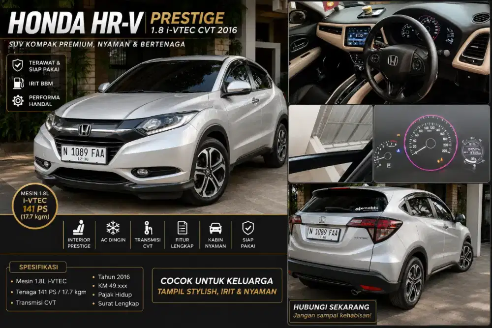 Honda HR-V Prestige 1.8 CVT AT 2016 Silver
KM 49 Ribu | Sunroof