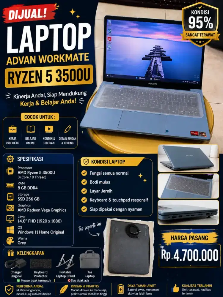 Laptop ADVAN Workmate Ryzen 5 3500U RAM 8GB SSD 256GB Like New