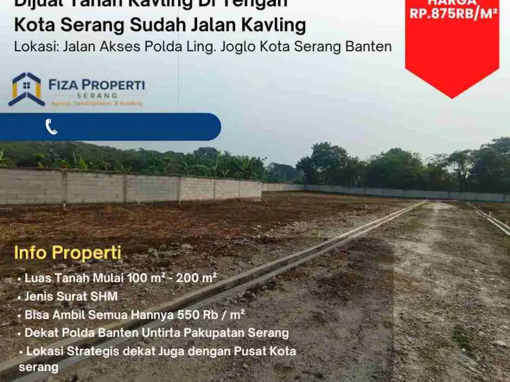 Dijual Tanah Kavling Murah Di Kota Serang Luas Tanah Mulai 100  m² s.d 200  m² Surat SHM - Rp.875rb/Meter 
Dengan Lingkungan Sangat Strategis ( Bisa Beli Semua Harga 550 Rb / m² )