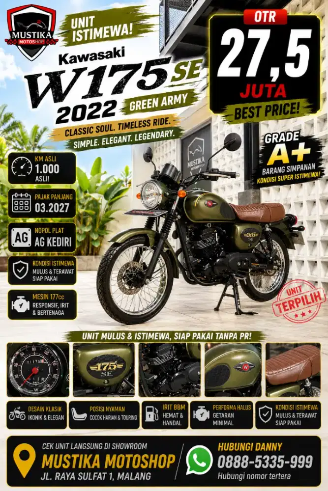 Gress KM 1rb‼️Kawasaki W175 SE 2022 Green Army. DANNY Mustika Sulfat