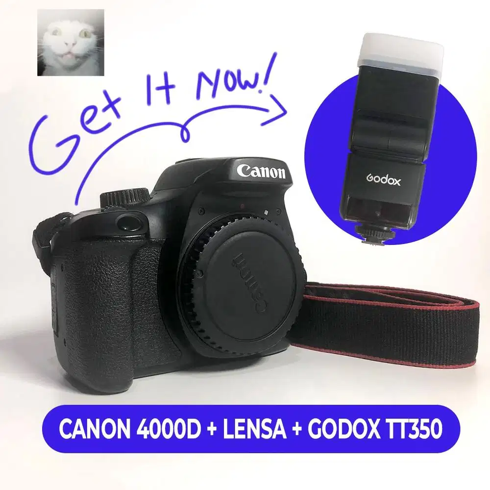 Camera Canon 4000D + Lensa EFS 18-55mm + Godox TT350 Mulus
