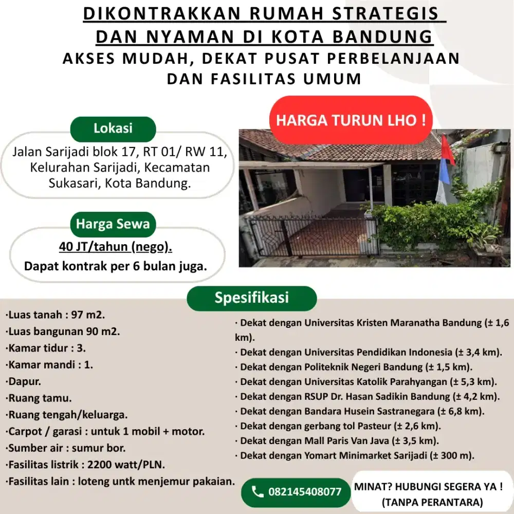 Disewakan rumah strategis dekat exit tol pasteur