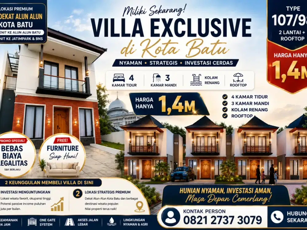 Villa Jawa Modern Dekat Alun-Alun Batu | Rooftop, Kolam Renang & View Pegunungan