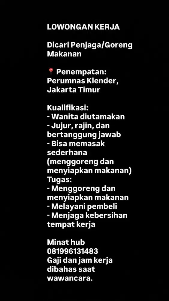 LOWONGAN PEKERJAAN JAGA BOOTH MAKANAN