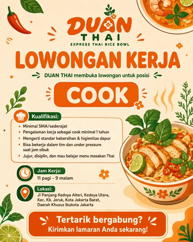 Dicari Cook — Duan Thai Restaurant (Thai Express)
