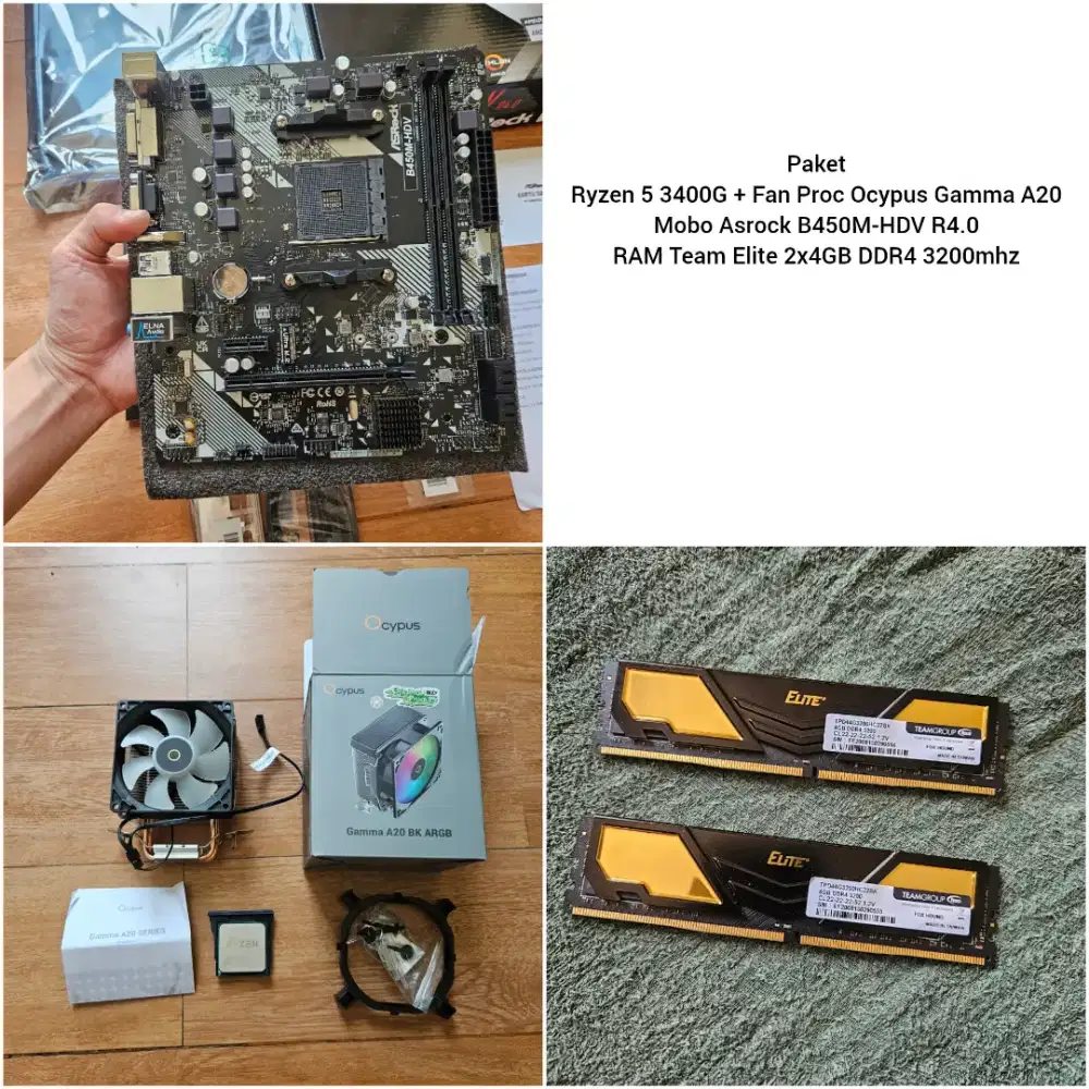 Paket Ryzen 5 3400G, mobo asrock b450m, ram 8gb ddr4 dual channel