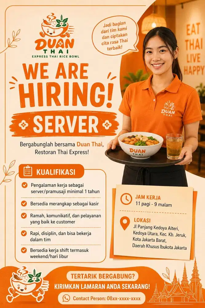 Dicari Server (merangkap Kasir) — Duan Thai Restaurant