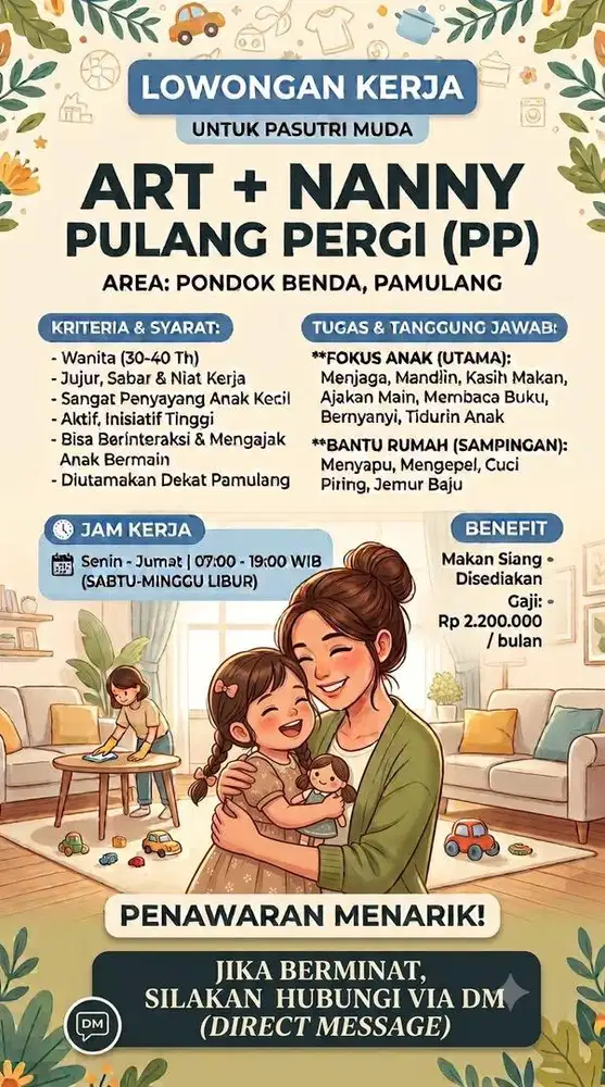 Mencari nanny + art (pulang pergi) untuk daerah pondok benda pamulang.