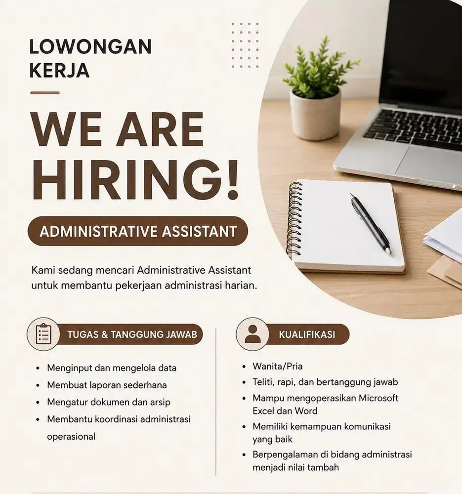LOWONGAN KERJA – ADMINISTRATIVE ASSISTANT