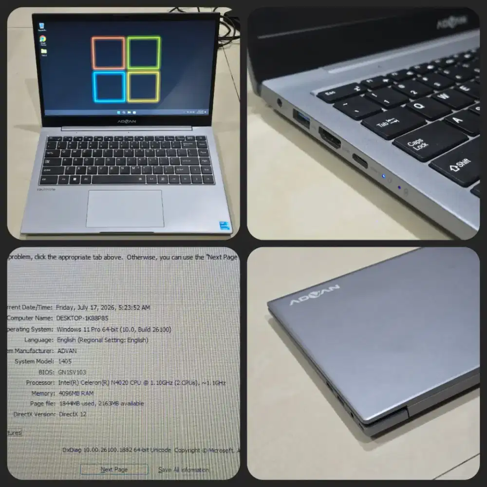 Laptop Second Advan 1405 intel celeron ram 4gb ddr4 128gb slim ringan