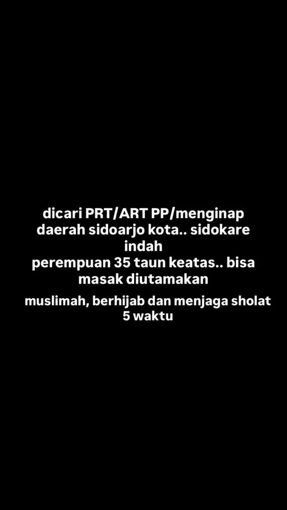 dicari ART/PRT muslimah