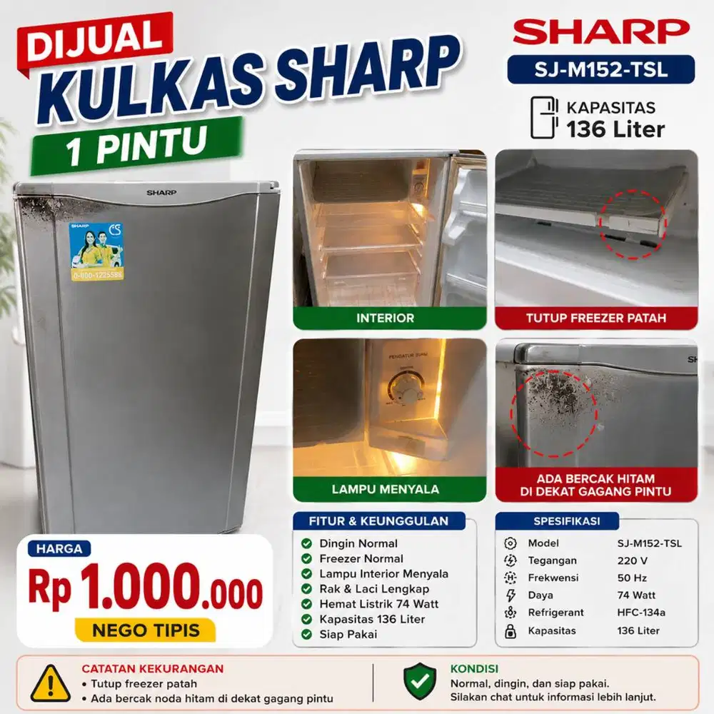 Kulkas Sharp 1 Pintu SJ-M152-TSL 136L Normal Dingin Siap Pakai