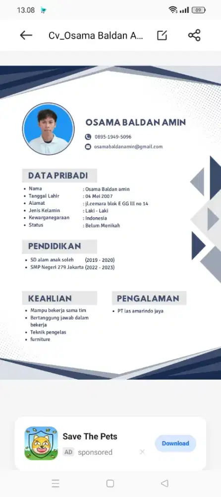 Assalamualaikum bapak/ibu saya lagi butuh pekerjaan