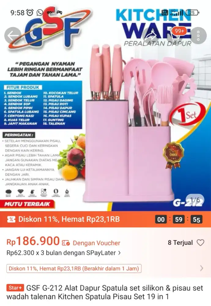 Kitchen ware merk GSF 1set isi 19pcs warna pink