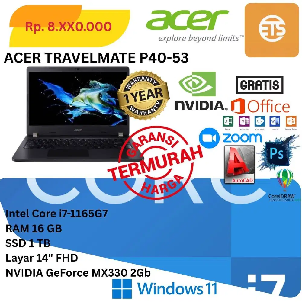 New Acer Travelmate P40 Core i7 Ram 16Gb SSD 1 Tb Nvidia GeForce MX330