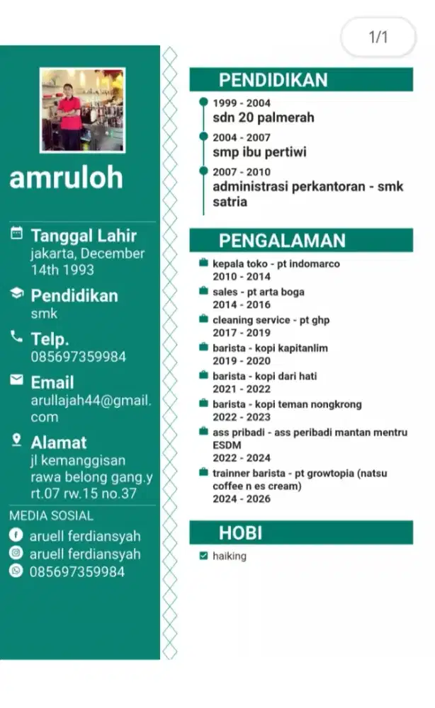 Cari kerja barista ,ob atau cleaning service