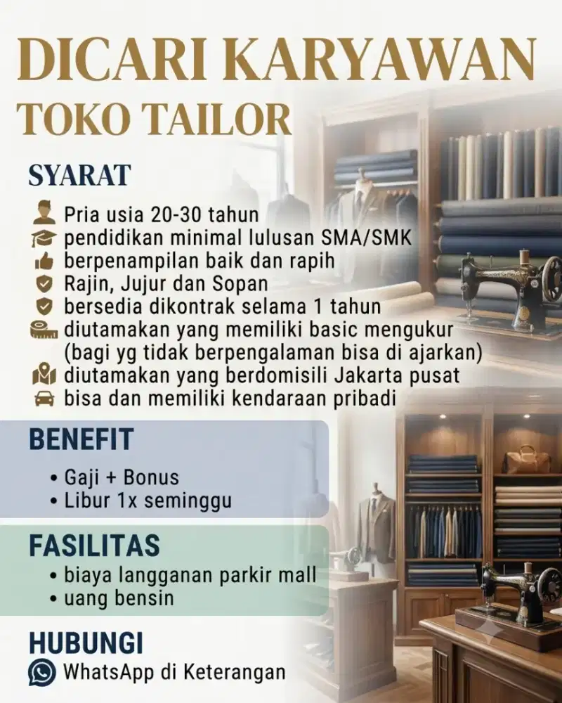 DICARI KARYAWAN UNTUK JAGA TOKO TAILOR
