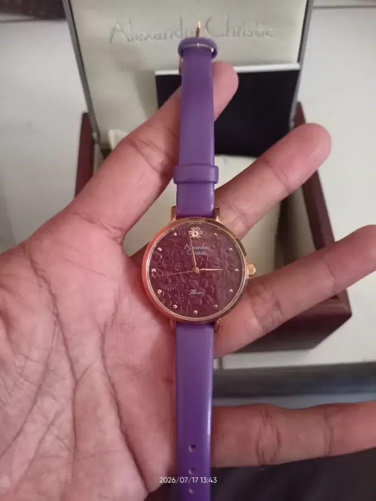 Jam tangan Alexandre Christie ori Cewek tali kulit ungu dial bunga