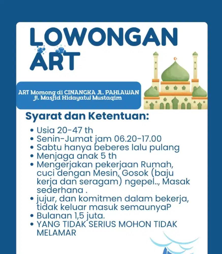 Lowongan ART pulang pergi (PP) Jl. Pahlawan Cinangka