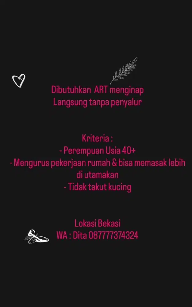 Dicari asisten rumah tangga Perempuan