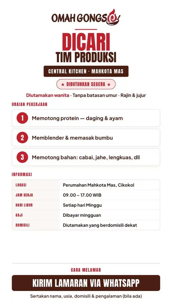 DIBUTUHKAN TIM DAPUR PRODUKSI