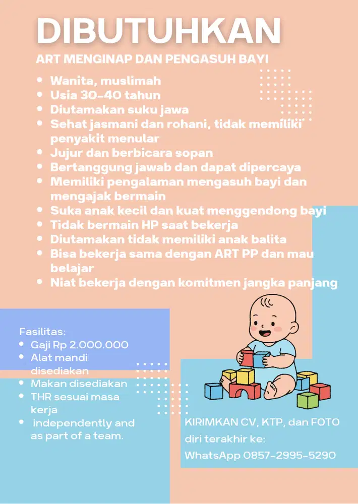 DIBUTUHKAN ART DAN MENGASUH ANAK(MENGINAP)