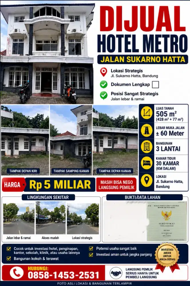 Hotel di jual lokasi sukarno hatta cidurian