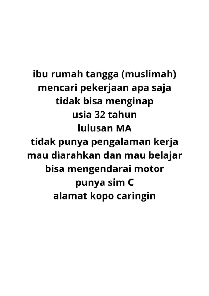 IRT muslimah mencari pekerjaan apa saja