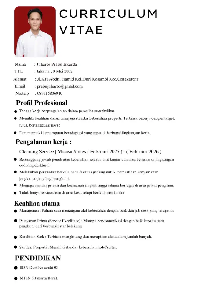 Mencari pekerjaan Cleaning service, office boy, steward/dishwasher,dll