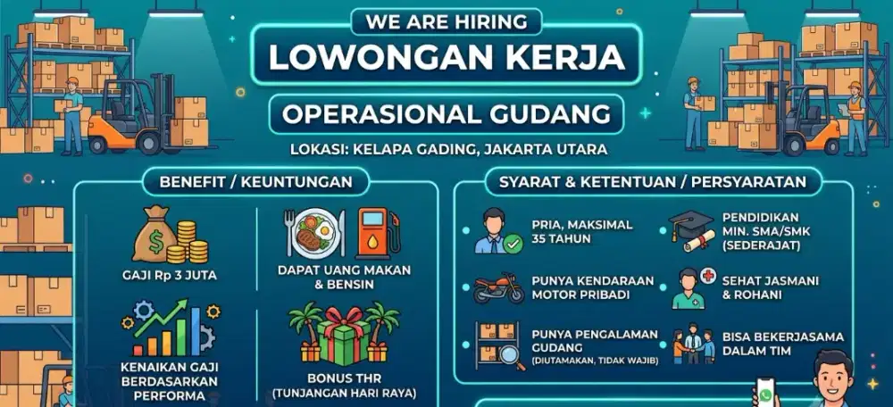 Dicari karyawan operasional gudang gaji 3jt di kelapa gading, jakut