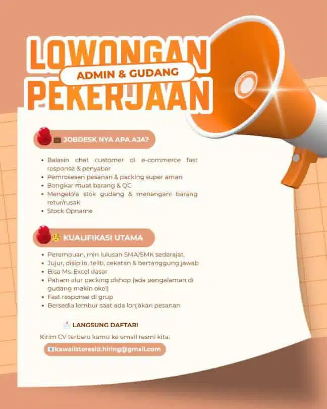 WE'RE HIRING ADMIN DAN GUDANG OLSHOP