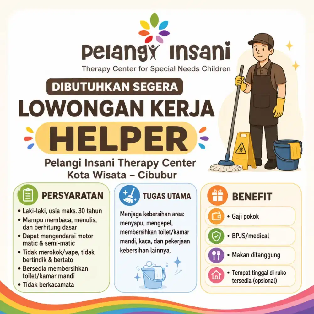 Loker Helper Pria (Makan & Tempat Tinggal Tersedia)