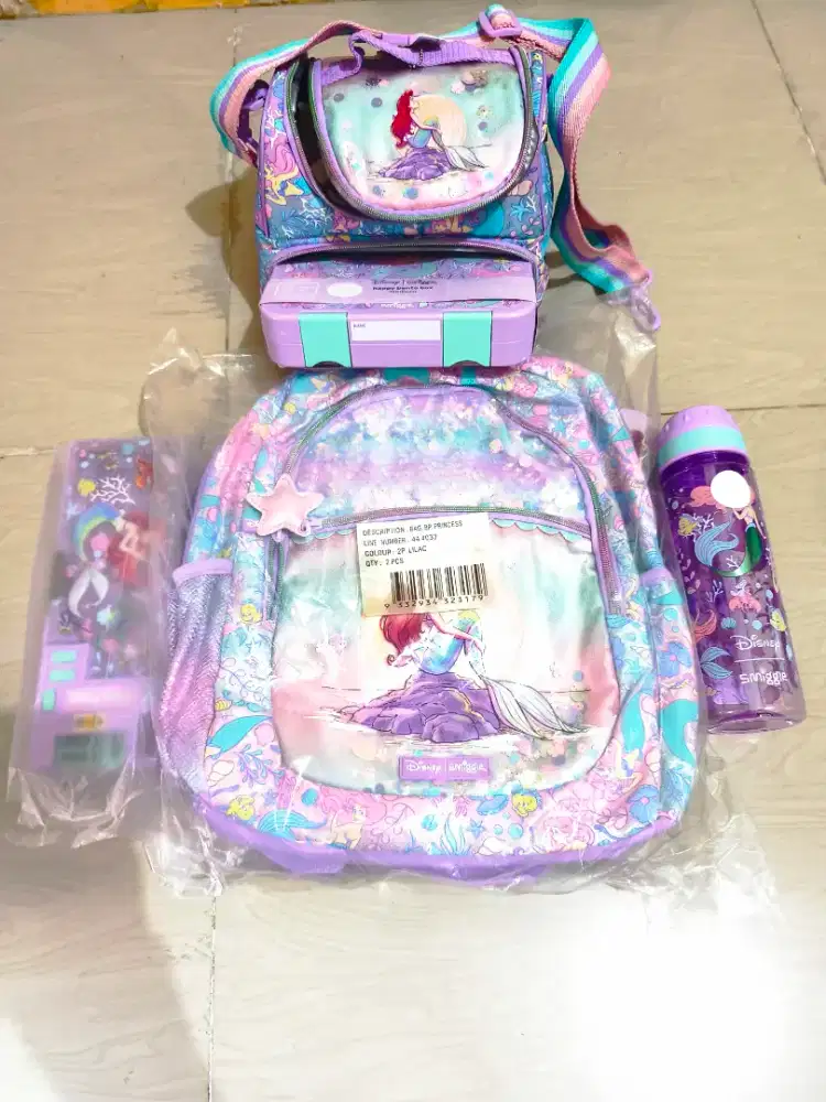 Smiggle Disney Princess Ariel Lilac Original 5in1 Set Backpack Lunch