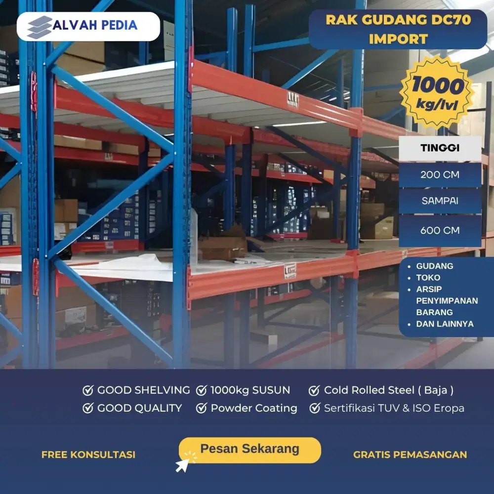 Rak Gudang Heavy Duty Type DC70 Kapasitas Beban 1000kg/Level Terbuat d
