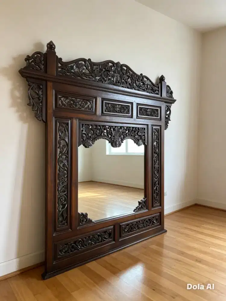 Cermin kayu jati ukir (uk 127x127cm)