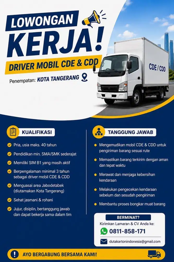 Lowongan kerja Driver Sim B1