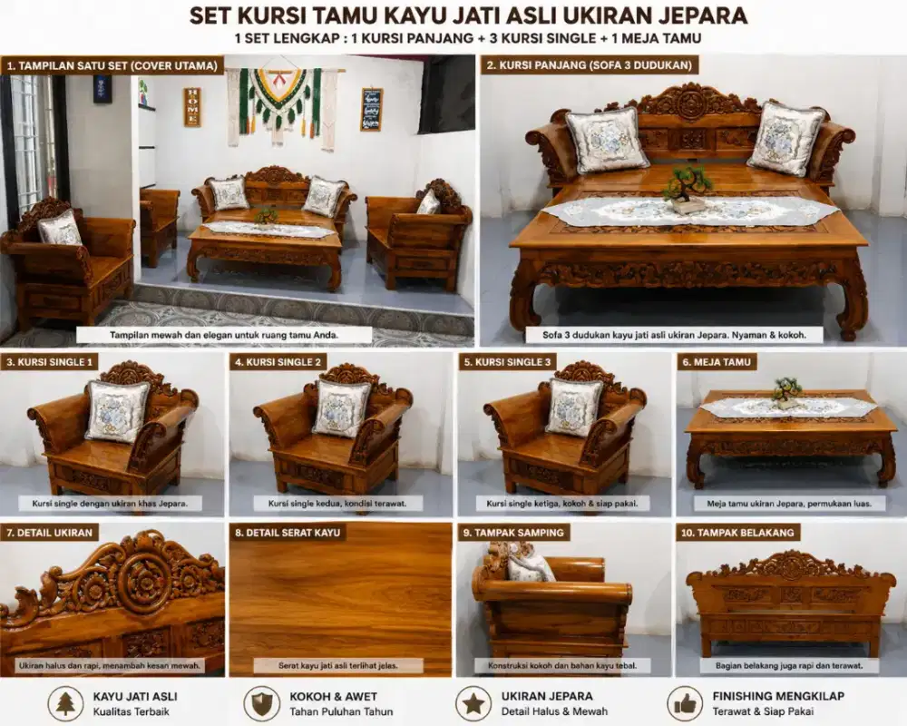 DIJUAL SET KURSI TAMU KAYU JATI ASLI UKIRAN JEPAR