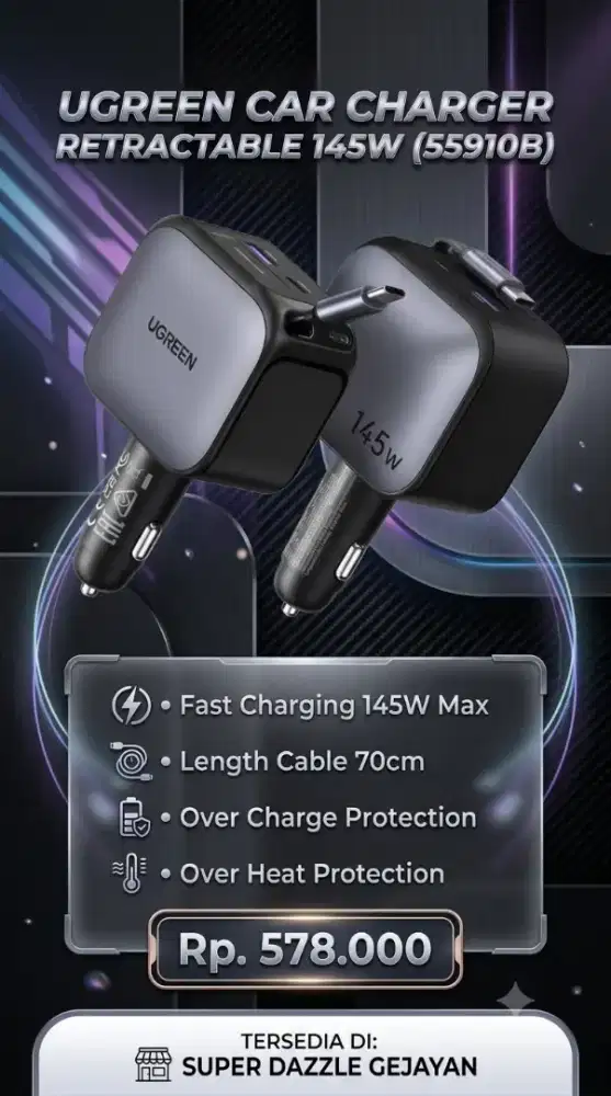 UGREEN CAR CHARGER 145W RETRACTABLE (55910B)