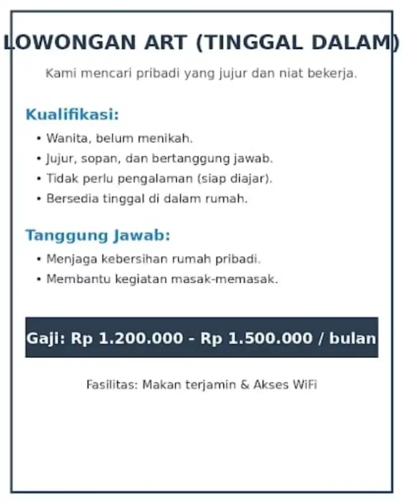 Dicari Asisten rumah tangga ART