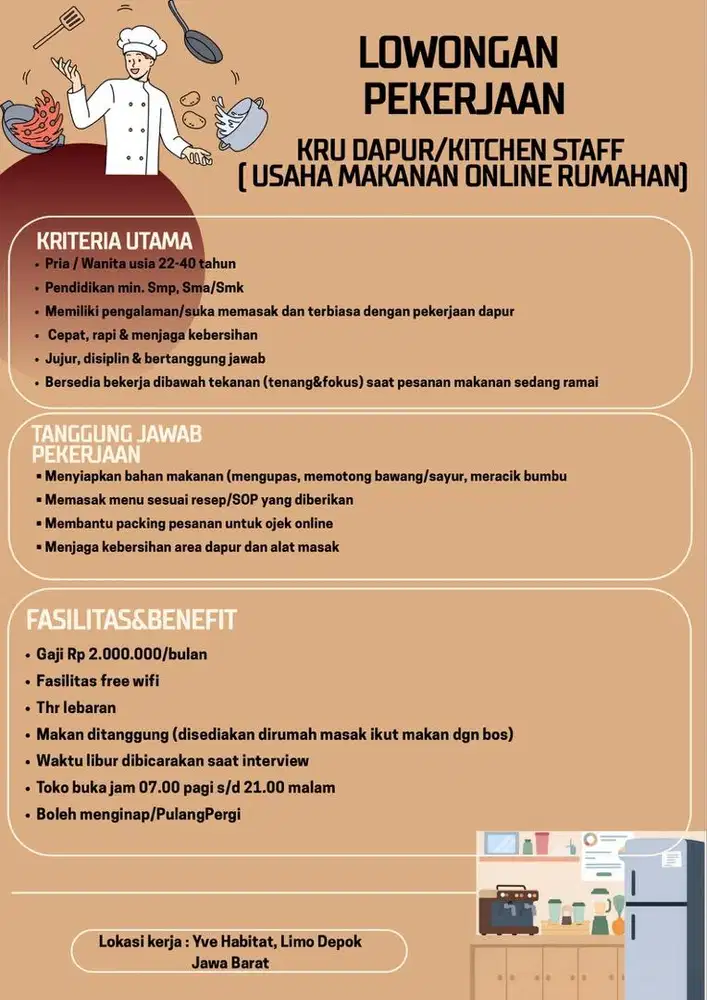 Dibuka Lowongan Pekerjaan Kru Dapur /Kitchen Staff