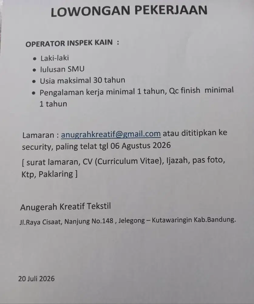 lowongan insek kain finish