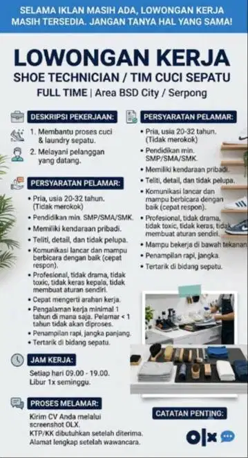 Lowongan kerja untuk Shoe Technician / Cuci Sepatu Bsd City Serpong