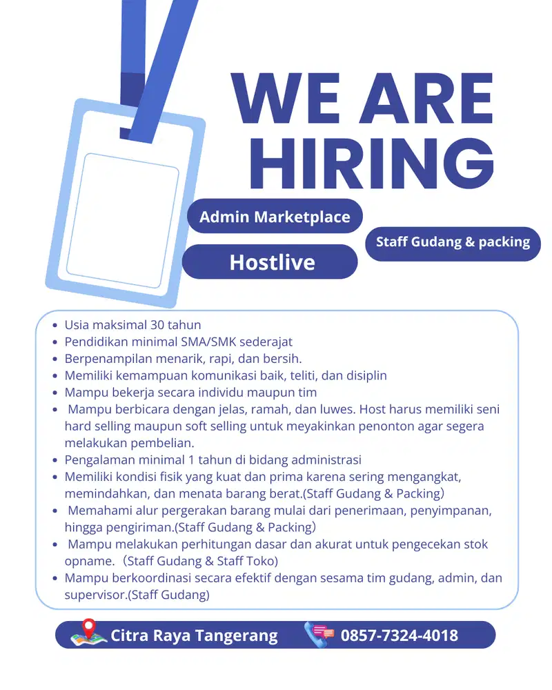DICARI ADMIN MARKETPLACE, HOST LIVE & STAFF GUDANG/PACKING