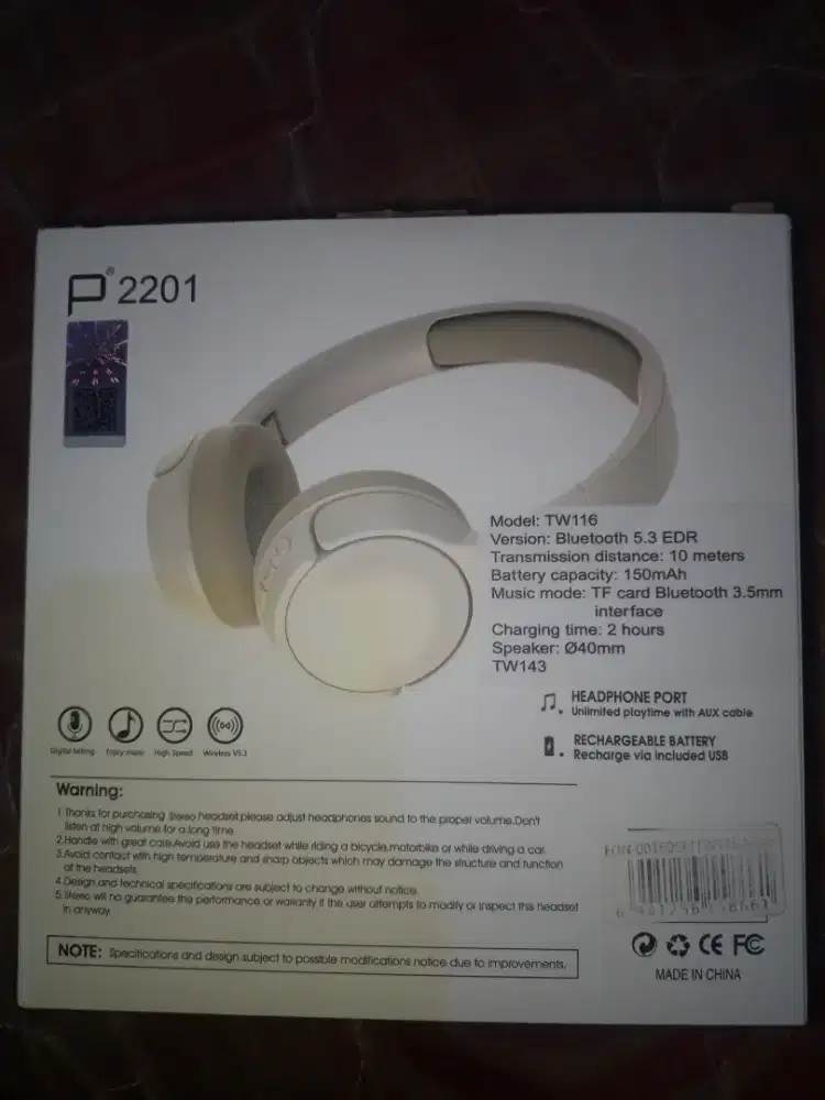 Headphone / Headset Bluetooth Wireless (Model TW116 / P2201)
