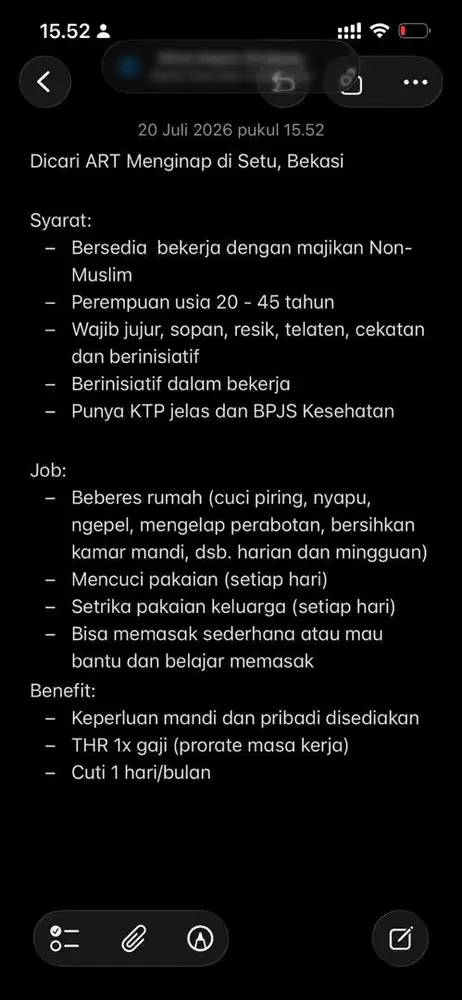 Dicari ART Menginap