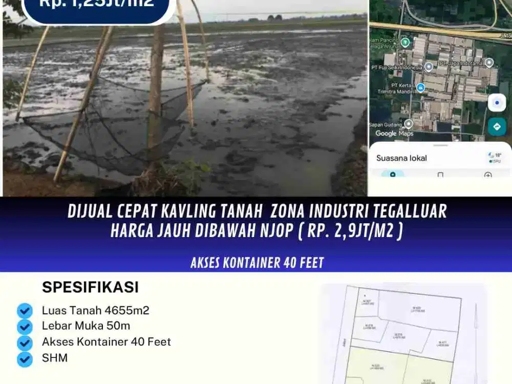 Dijual Cepat Kavling Tanah Zona Industri Tegalluar
Harga Jauh Dibawah Njop ( Rp. 2,9Jt/m2 )
Akses kontainer 40 Feet